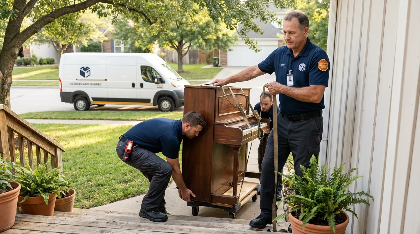 Licensed piano movers securing grand piano in West Hurley, NY