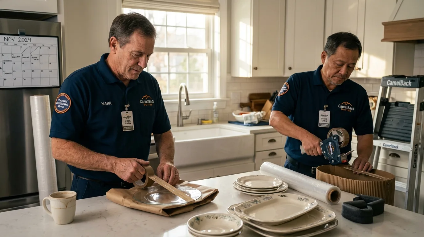 Professional crew packing kitchen dishware in West Hurley, NY